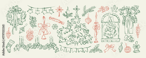 Christmas hand drawn chalk elements. Vintage Christmas and New Year line art doodles. Retro whimsical winter holiday charcoal sketch. Christmas drawing set for card, poster, poster, party invitations.