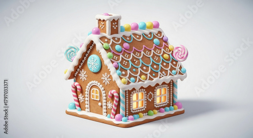 Delightful gingerbread house evokes holiday cheer, perfect for Christmas cards, baking promotions, and festive winter designs; a sweet seasonal treat