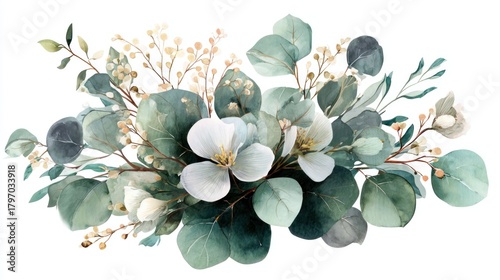 Watercolor floral arrangement featuring white flowers and green foliage isolated