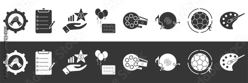 A collection of illustrated glyph sponsor icons includes support, projects, benefits, events, movies, music, sports, art with different colors and backgrounds.