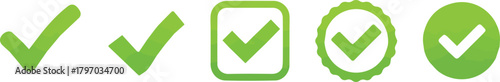 A versatile set of green checkmark icons in various styles, including a checkbox and seal, symbolizing success, approval, and confirmation for web and app interfaces
