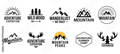 Mountain adventure logo designs in vintage style for branding and badges
