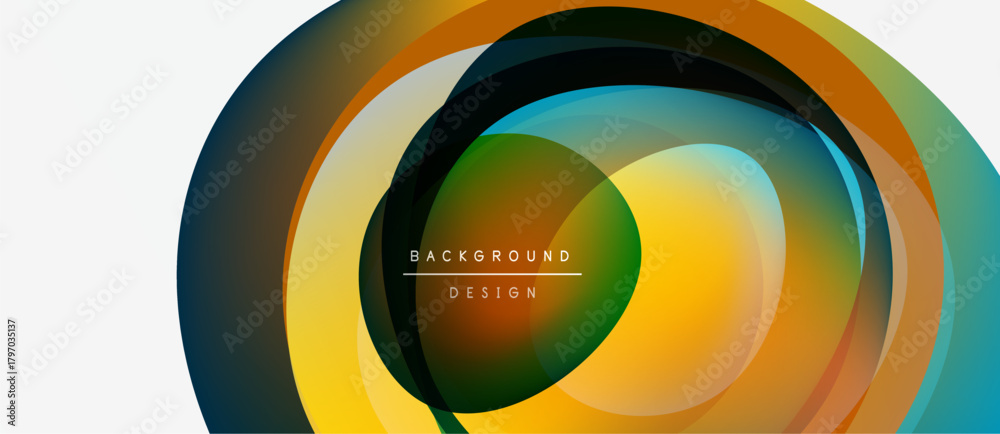 Fototapeta premium Abstract colorful circles create dynamic layered design. Gradient hues blend, forming modern visual element. Background features text overlay.