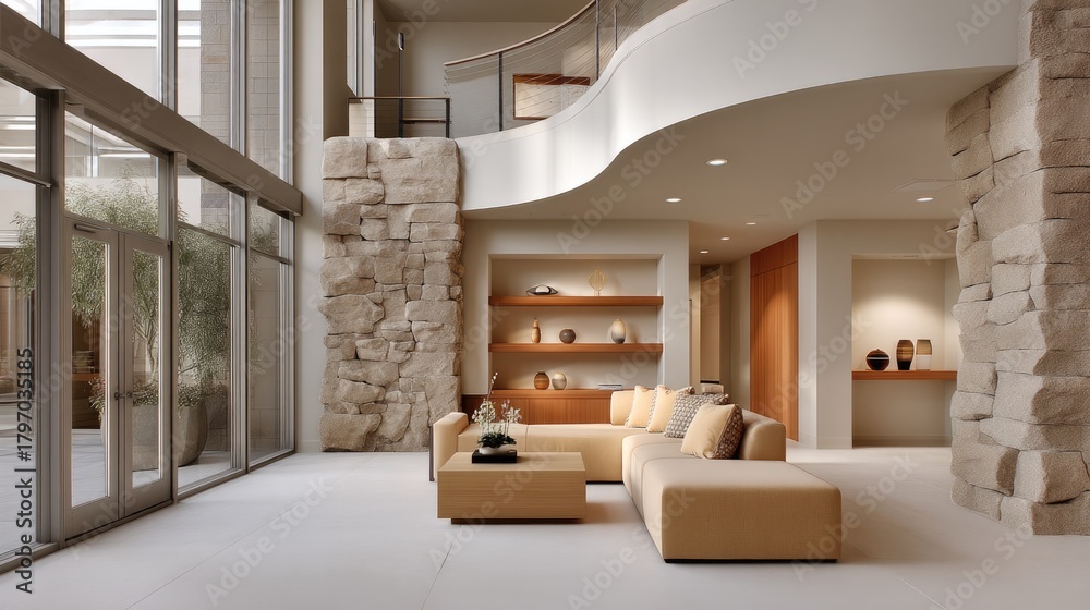 Naklejka premium A luxurious residential living room interior viewed from the kitchen area, showing a balanced two-part composition.