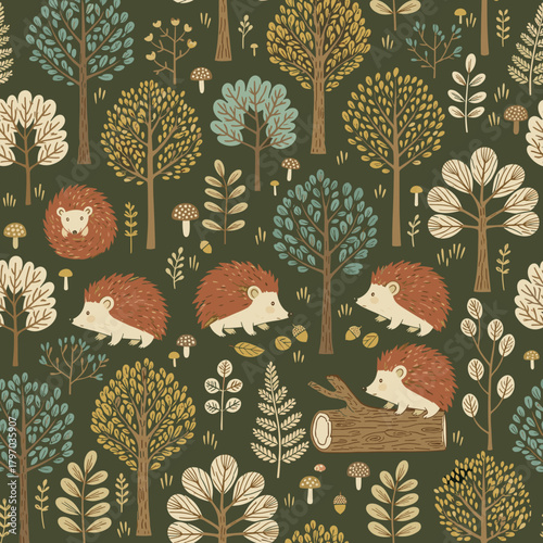 Seamless Cute Hedgehog and Forest Trees Pattern - Hand-Drawn Whimsical Woodland Nursery Background Vector SVG