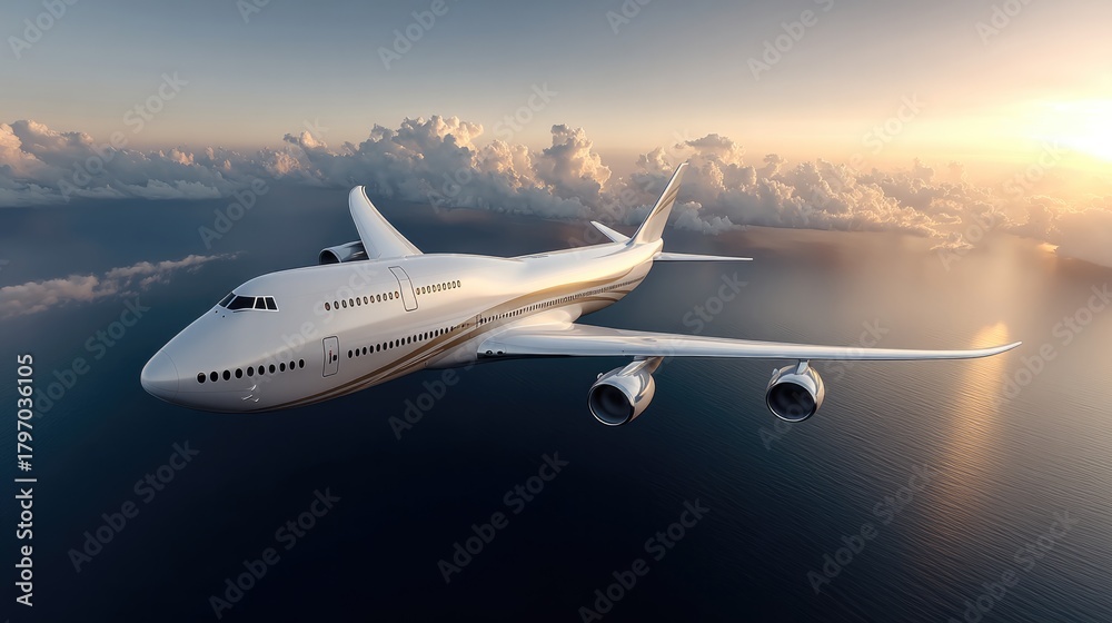 Fototapeta premium A sleek white and gold futuristic aircraft flying above the ocean during sunrise.