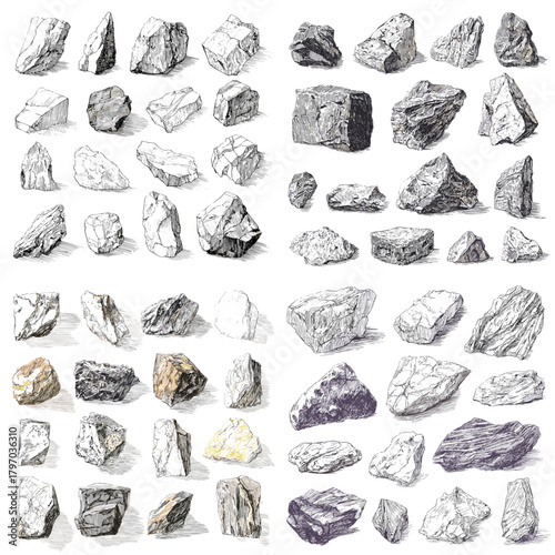 Detailed collection of realistic rocks and minerals in sketch and shaded styles, ideal for geology themes, educational materials, natural textures, and outdoor design projects.