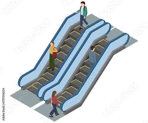 アイソメトリックイラスト：エスカレーターを使う人々