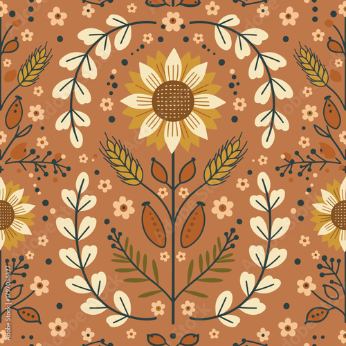 Seamless Folk Art Sunflower and Wheat Pattern - Rustic Scandinavian Floral Harvest Vector Background SVG
