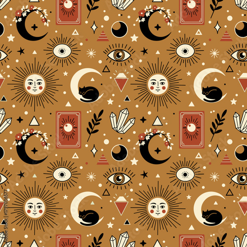 Mystical Seamless Pattern with Crescent Moon, Moth, Evil Eye, Skeleton Key, and Compass - Esoteric Boho Magic Background SVG