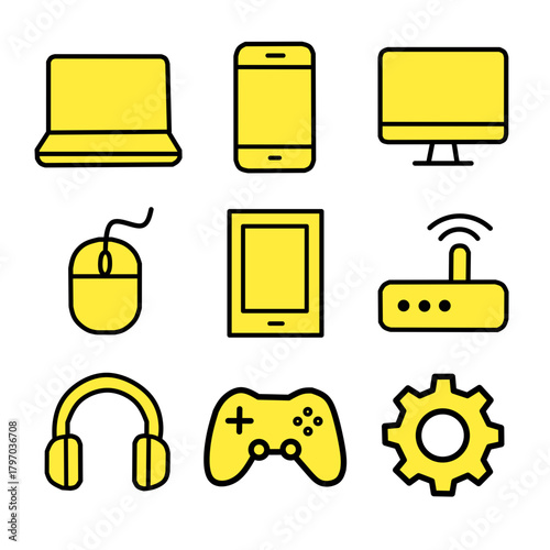 Black Outline Yellow Flat Technology Icons Set
