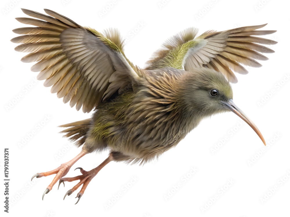 Fototapeta premium A brown kiwi bird with its wings spread wide, captured in midflight against a clean transparent background, showcasing its unique plumage and long beak, isolated on transparent background
