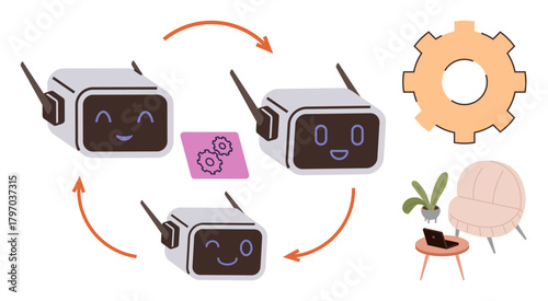 Robots exchanging data in circular workflow with gear icon, arrows, and cozy workspace setup. Ideal for teamwork, efficiency, technology, automation, innovation, artificial intelligence simple flat