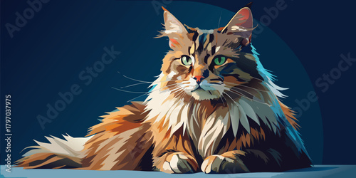 A majestic maine coon cat with striking fur is lying down against a dark background