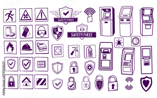 Doodle style icons. Security, warning, lock, cash machine symbol, hand drawn safety, security, and ATM icons, outline security equipment, sketchy protection and safety vector icons collection.