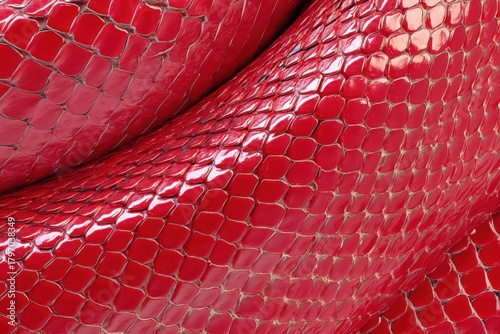 Glossy red snakeskin texture features intricate patterns and vibrant highlights, ideal for fashion, design projects, and luxury branding, enhancing visual appeal