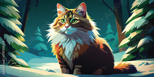 A fluffy Norwegian cat with striking green eyes is sitting in a snowy forest during the winter season