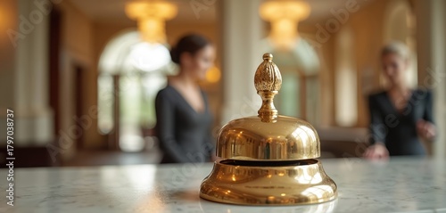 Golden service bell on marble counter at hotel reception desk. Hotel staff attend guests in elegant lobby. Luxury accommodation, premium client service and hospitality experience.