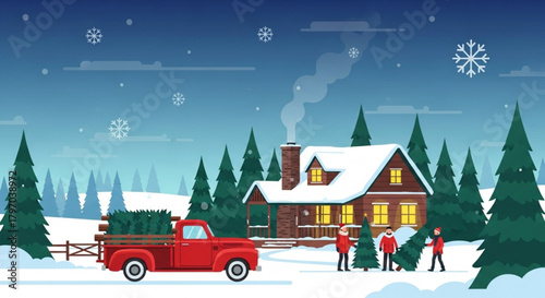 Cozy winter scene of family bringing home Christmas tree on snowy evening with red truck in front of cabin for festive holiday season warmth