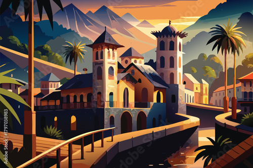 A picturesque tropical town nestled in mountains with palm trees under a sunset sky