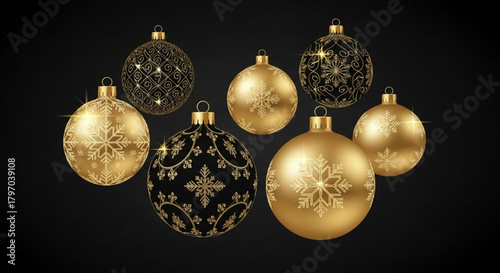 Elegant festive gold Christmas ornaments with intricate snowflake designs create a luxurious holiday atmosphere perfect for seasonal promotions and greetings