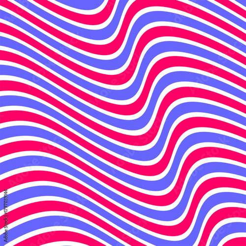 Undulating bands of bold magenta and cool blue ripple rhythmically across the canvas, creating a hypnotic flow of movement, contrast, and visual harmony.