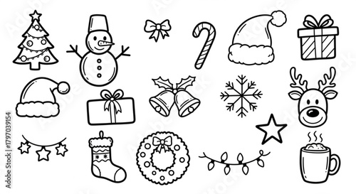 Festive Christmas doodle set with holiday icons brings cheer for crafts, cards, and social media designs, perfect for seasonal promotions and joyful greetings