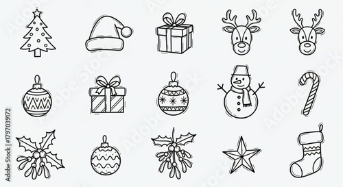 Hand-Drawn Christmas Icons Set for Festive Designs, Perfect for Holiday Greetings, Invitations, and Winter Promotions, Adding a Touch of Whimsy and Cheer