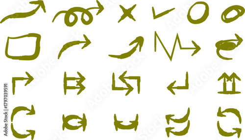 A diverse collection of hand-drawn olive green arrows and symbols on a white background.