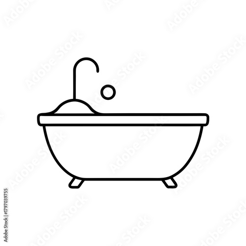 Outline drawing of a bathtub with water and bubbles on transparent background