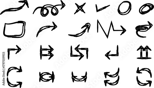 A diverse collection of hand-drawn sketchy arrows and symbols in black ink on a white background.