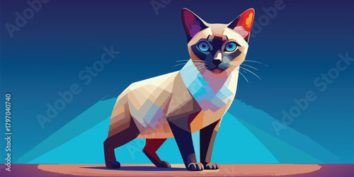Elegant siamese cat with blue eyes standing on a stage in a spotlight, vector illustration