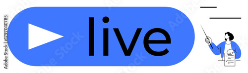 Play button with live text highlights streaming concept. Professional presenter gestures with documents. Ideal for media, communication, education, webinars, presentations, tutorials, and training