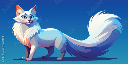 Elegant white Turkish angora cat with blue eyes and fluffy tail 