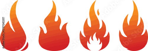 A vibrant set of four isolated fire flame icons with a red and orange gradient, perfect for representing passion, heat, or a bonfire