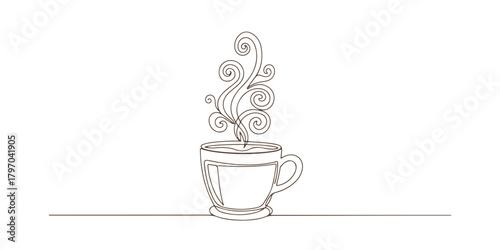 The hot drink of coffee emits steam, crafting a continuous line that represents decorative art through minimalism.