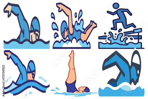 Swimming and Water Sports Icons Set: Flat Design Illustrations of Athletes in Various Strokes, Diving, and Synchronized Swimming