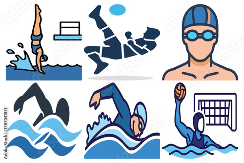 Sports Icons Collection: Water Sports (Swimming, Diving, Water Polo) and Soccer. Vector Set of Athletes, Activities, and Competitive Games.
