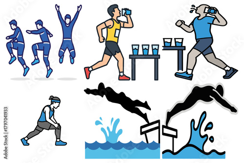 Dynamic Sports & Fitness Vector Set: Running, Jumping, Diving, Stretching & Hydration Icons