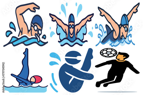 Vector Icons Set: Swimming, Synchronized Swimming, Diving, and Football Sports Illustrations