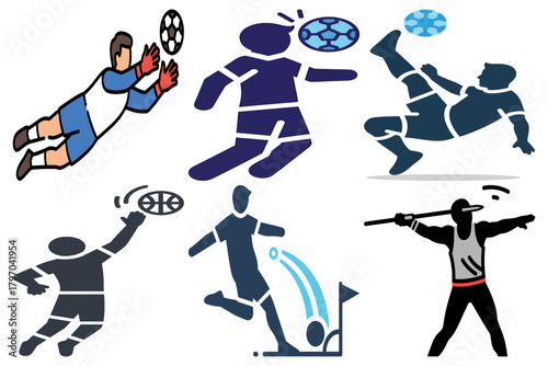 Dynamic Sports Players Icons: Football, Basketball, Javelin Throwing Vector Set