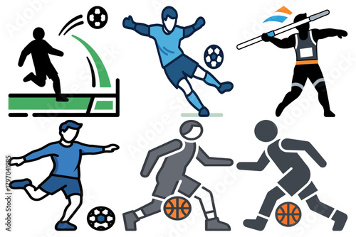 Dynamic Sport Icons Collection: Soccer Players, Goalkeeper, Basketball Athletes, Javelin Thrower. Flat Vector Illustrations of Athletic Games and Competitions