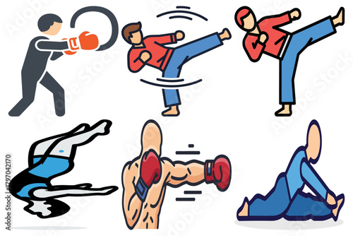 Sports and Fitness Activity Icons: Boxing, Martial Arts Kicks, and Stretching Exercise Illustrations Set for Health and Wellness