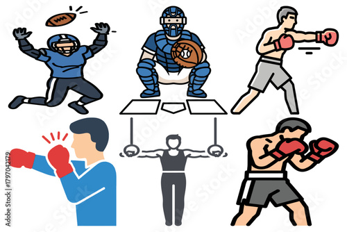 Dynamic Sports Vector Icons Set: American Football, Baseball, Boxing, and Gymnastics for Active Lifestyle & Competition