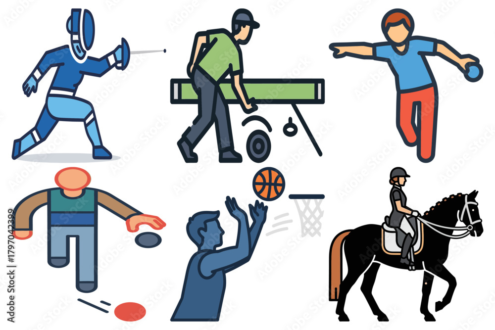Fototapeta premium Diverse Sports and Leisure Activities Icon Set: Fencing, Billiards, Bowling, Basketball, Equestrian, Frisbee