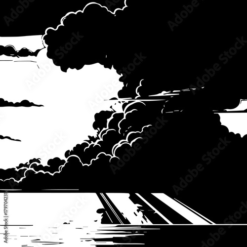 Black and White Illustration of Cloudy Sky Scene.