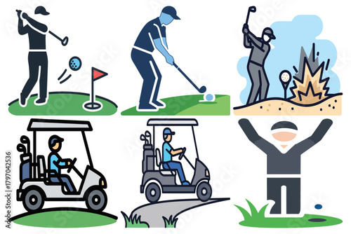 Collection of Golf Icons: Players, Carts, and Game Elements on the Course