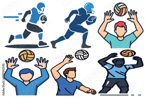 Sports Icon Set: American Football Player Running with Ball and Volleyball Players in Action - Flat Design Vector Illustrations