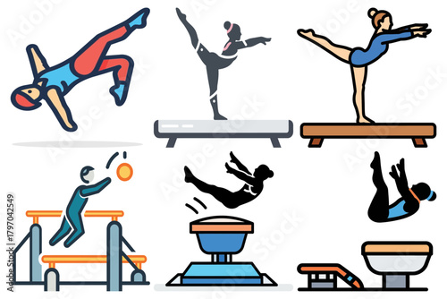 Gymnastics Sport Icons Set. Flat Vector Illustrations of Athletes Performing on Balance Beam, Vault, Uneven Bars, and Floor Exercise