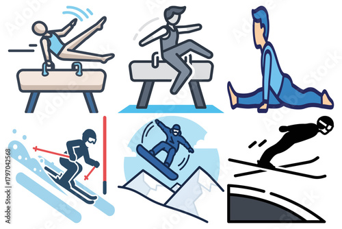 Sports Activities Vector Icons Set: Gymnastics, Skiing, Snowboarding, Ski Jumping, and Stretching. Dynamic Winter Sports & Fitness Recreation Graphics.